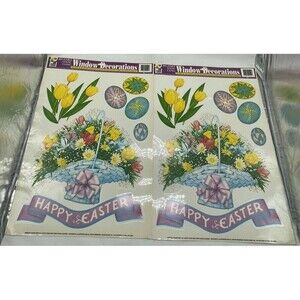 Vintage Lot Of 2 Easter Egg, Duck Flower Basket Window  Clings Vinyl Decoration